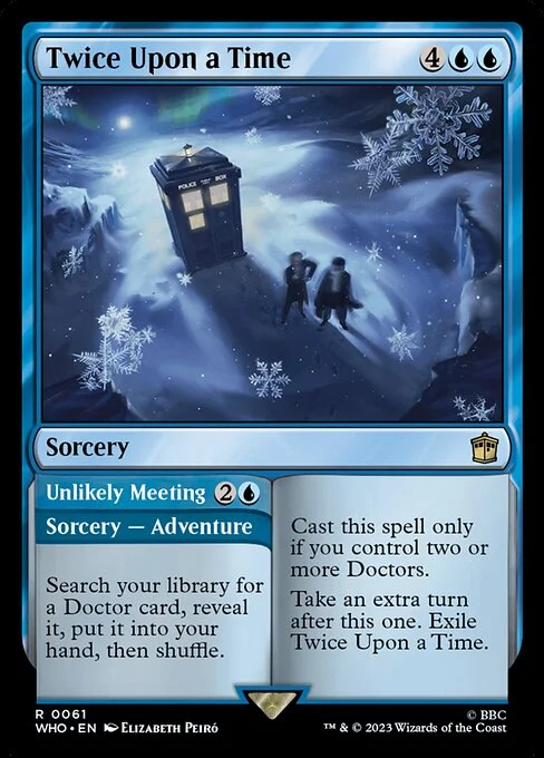 Twice Upon a Time // Unlikely Meeting, carta Magic di tipo Sorcery // Sorcery — Adventure illustrata da Elizabeth Peiró