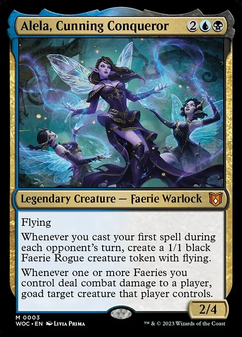 Alela, Cunning Conqueror, carta Magic di tipo Legendary Creature — Faerie Warlock illustrata da Livia Prima