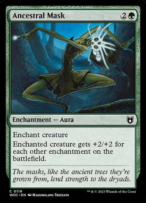 Ancestral Mask, carta Magic di tipo Enchantment — Aura illustrata da Massimiliano Frezzato
