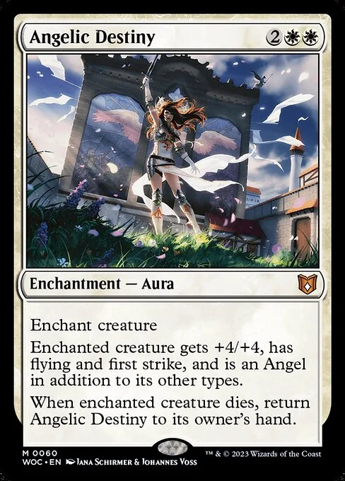 Angelic Destiny, carta Magic di tipo Enchantment — Aura illustrata da Jana Schirmer & Johannes Voss