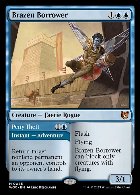 Brazen Borrower // Petty Theft, carta Magic di tipo Creature — Faerie Rogue // Instant — Adventure illustrata da Eric Deschamps