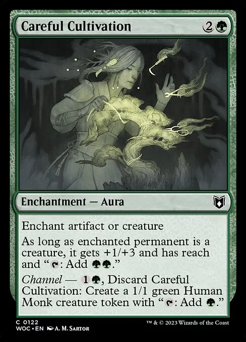 Careful Cultivation, carta Magic di tipo Enchantment — Aura illustrata da A. M. Sartor