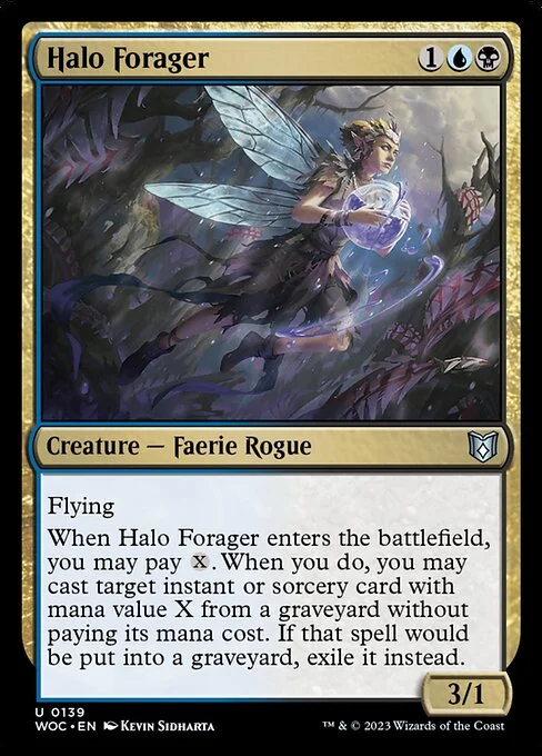 Halo Forager, carta Magic di tipo Creature — Faerie Rogue illustrata da Kevin Sidharta