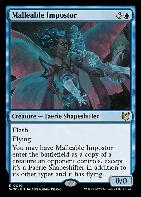 Malleable Impostor, carta Magic di tipo Creature — Faerie Shapeshifter illustrata da Alessandra Pisano