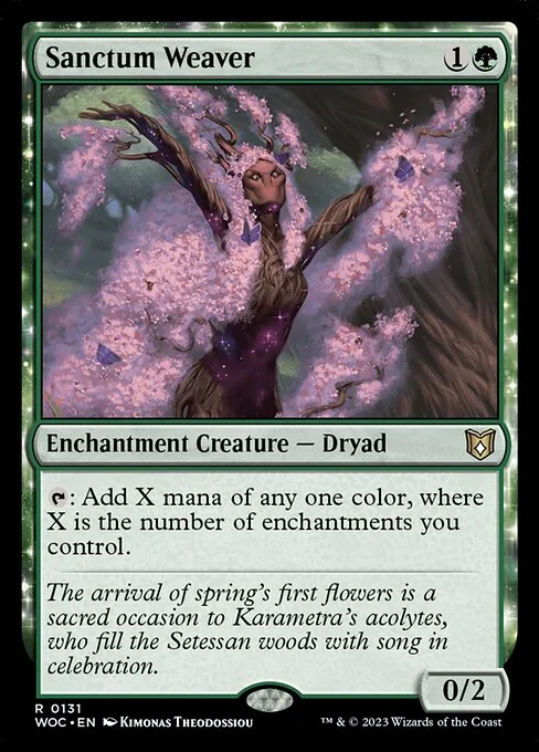 Sanctum Weaver, carta Magic di tipo Enchantment Creature — Dryad illustrata da Kimonas Theodossiou