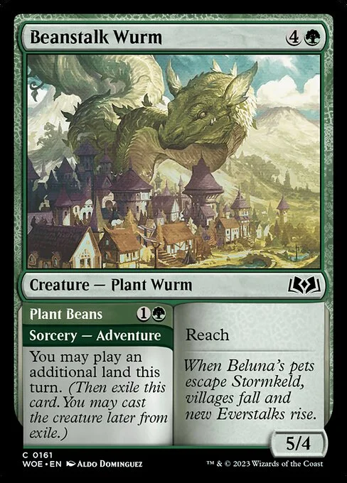 Beanstalk Wurm // Plant Beans, carta Magic di tipo Creature — Plant Wurm // Sorcery — Adventure illustrata da Aldo Domínguez