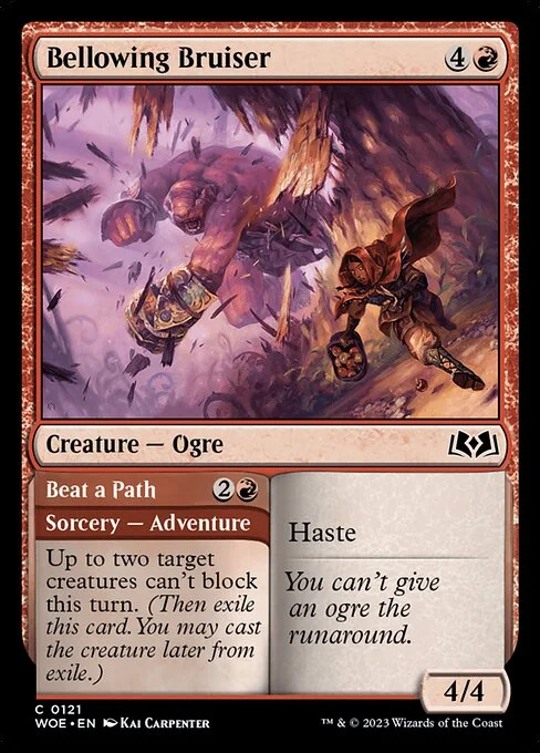 Bellowing Bruiser // Beat a Path, carta Magic di tipo Creature — Ogre // Sorcery — Adventure illustrata da Kai Carpenter