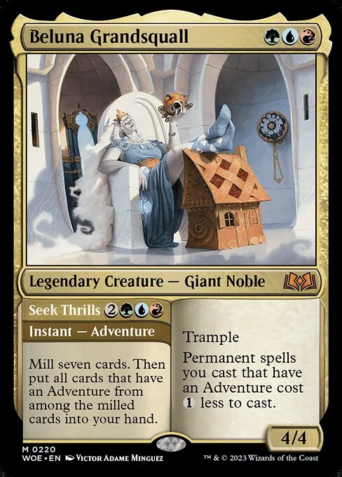 Beluna Grandsquall // Seek Thrills, carta Magic di tipo Legendary Creature — Giant Noble // Instant — Adventure illustrata da Victor Adame Minguez
