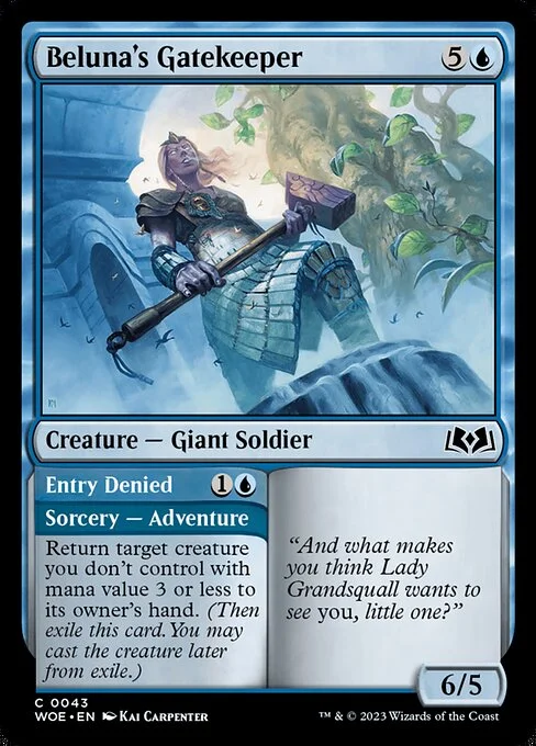 Beluna's Gatekeeper // Entry Denied, carta Magic di tipo Creature — Giant Soldier // Sorcery — Adventure illustrata da Kai Carpenter