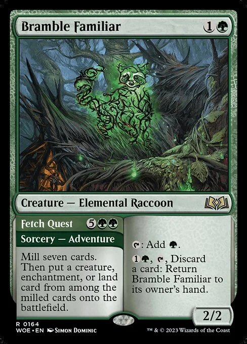Bramble Familiar // Fetch Quest, carta Magic di tipo Creature — Elemental Raccoon // Sorcery — Adventure illustrata da Simon Dominic