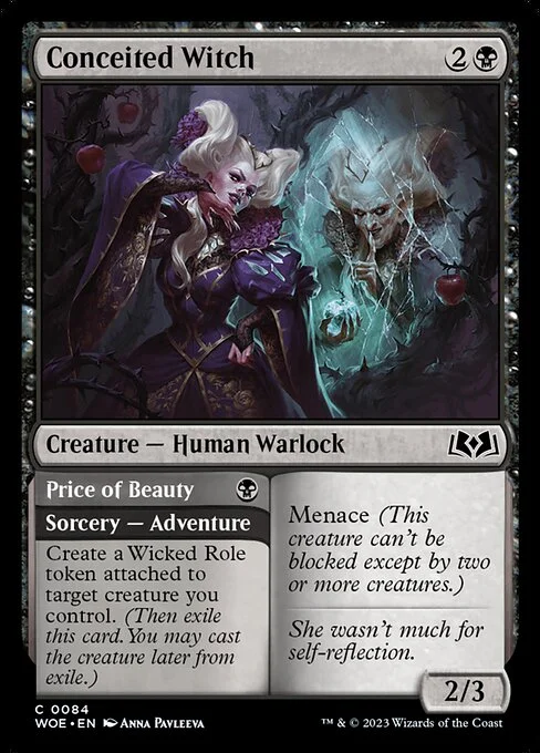 Conceited Witch // Price of Beauty, carta Magic di tipo Creature — Human Warlock // Sorcery — Adventure illustrata da Anna Pavleeva