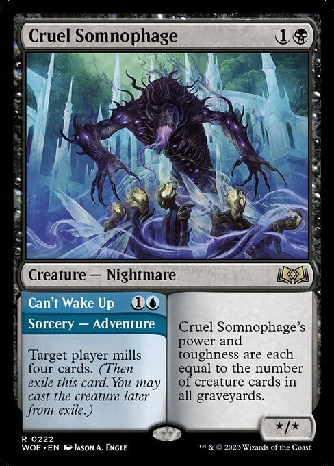 Cruel Somnophage // Can't Wake Up, carta Magic di tipo Creature — Nightmare // Sorcery — Adventure illustrata da Jason A. Engle