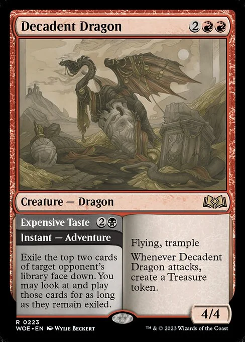 Decadent Dragon // Expensive Taste, carta Magic di tipo Creature — Dragon // Instant — Adventure illustrata da Wylie Beckert