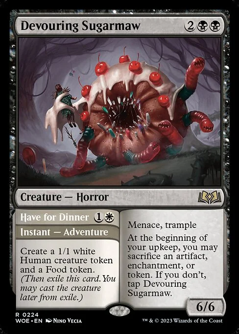 Devouring Sugarmaw // Have for Dinner, carta Magic di tipo Creature — Horror // Instant — Adventure illustrata da Nino Vecia