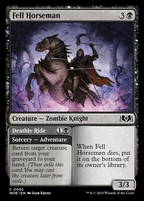 Fell Horseman // Deathly Ride, carta Magic di tipo Creature — Zombie Knight // Sorcery — Adventure illustrata da Igor Krstic