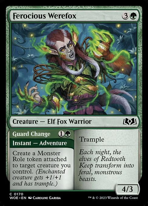 Ferocious Werefox // Guard Change, carta Magic di tipo Creature — Elf Fox Warrior // Instant — Adventure illustrata da Caroline Gariba