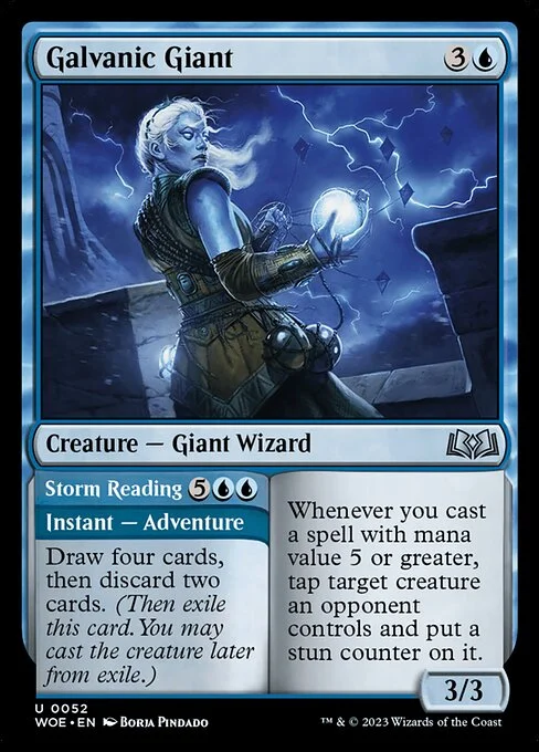 Galvanic Giant // Storm Reading, carta Magic di tipo Creature — Giant Wizard // Instant — Adventure illustrata da Borja Pindado