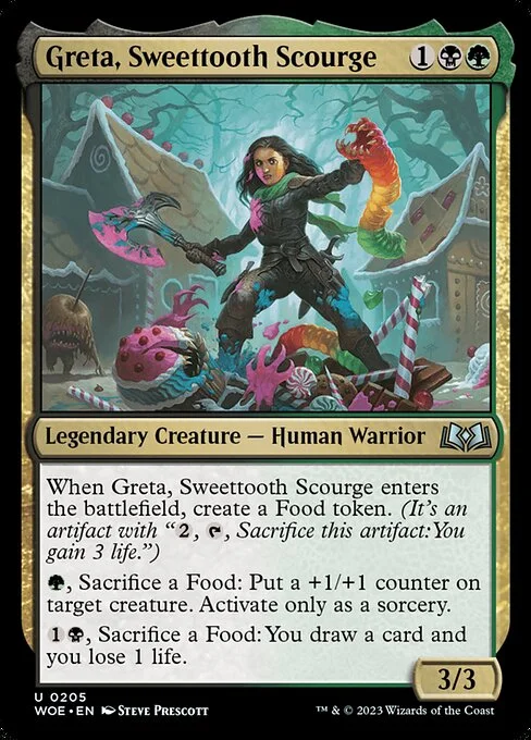 Greta, Sweettooth Scourge, carta Magic di tipo Legendary Creature — Human Warrior illustrata da Steve Prescott
