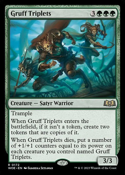 Gruff Triplets, carta Magic di tipo Creature — Satyr Warrior illustrata da Fajareka Setiawan