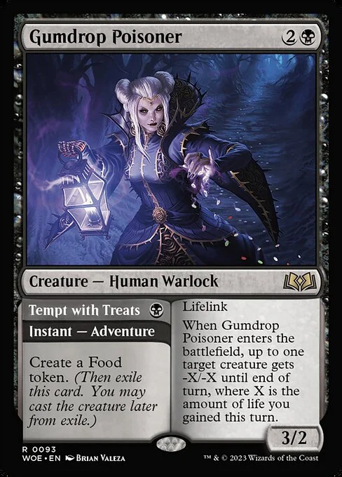 Gumdrop Poisoner // Tempt with Treats, carta Magic di tipo Creature — Human Warlock // Instant — Adventure illustrata da Brian Valeza
