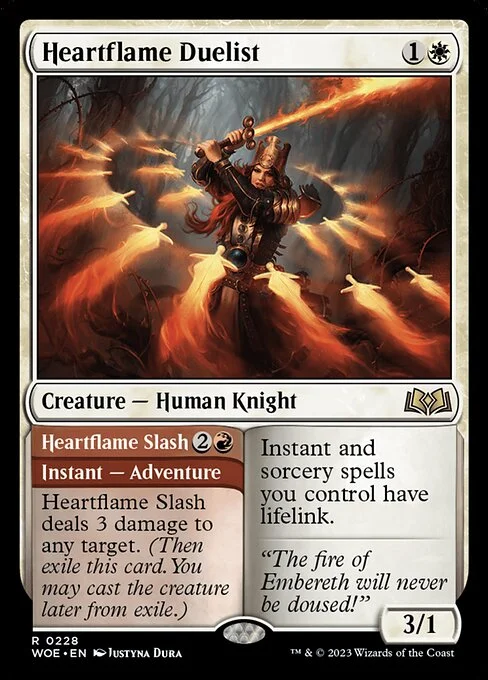 Heartflame Duelist // Heartflame Slash, carta Magic di tipo Creature — Human Knight // Instant — Adventure illustrata da Justyna Dura