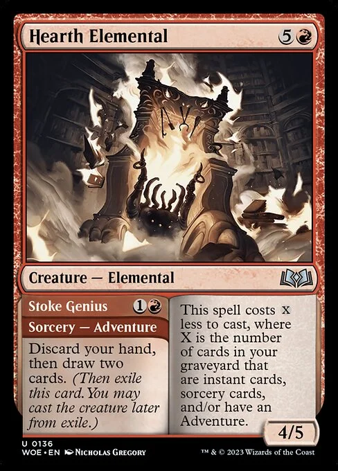 Hearth Elemental // Stoke Genius, carta Magic di tipo Creature — Elemental // Sorcery — Adventure illustrata da Nicholas Gregory