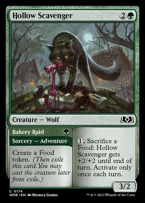 Hollow Scavenger // Bakery Raid, carta Magic di tipo Creature — Wolf // Sorcery — Adventure illustrata da Michele Giorgi