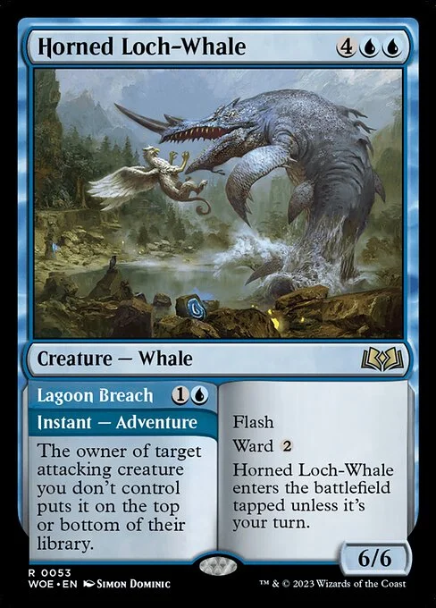 Horned Loch-Whale // Lagoon Breach, carta Magic di tipo Creature — Whale // Instant — Adventure illustrata da Simon Dominic