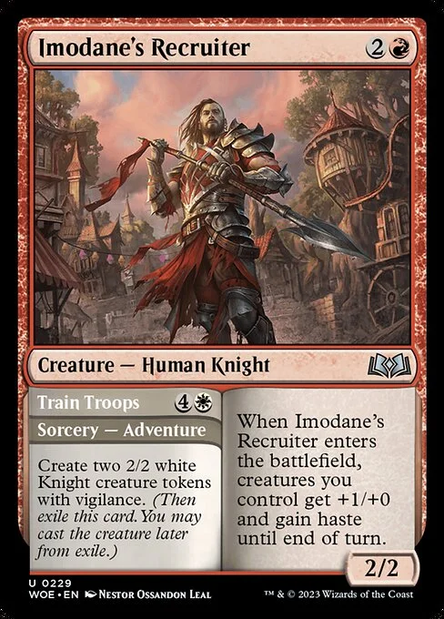 Imodane's Recruiter // Train Troops, carta Magic di tipo Creature — Human Knight // Sorcery — Adventure illustrata da Néstor Ossandón Leal