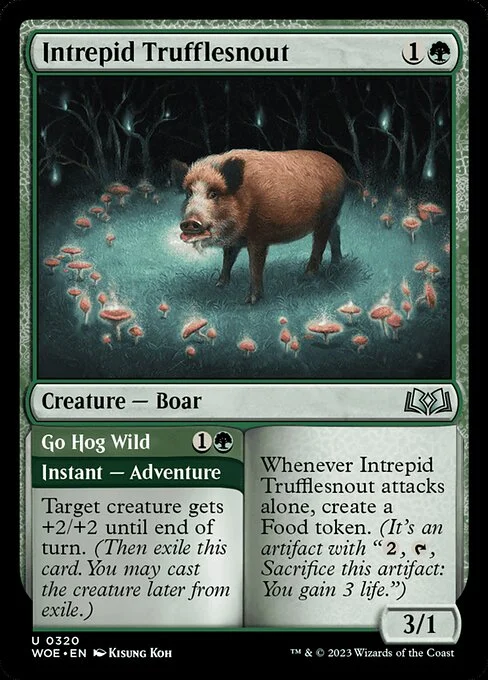 Intrepid Trufflesnout // Go Hog Wild, carta Magic di tipo Creature — Boar // Instant — Adventure illustrata da Kisung Koh