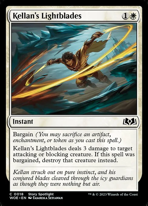 Kellan's Lightblades, carta Magic di tipo Instant illustrata da Fajareka Setiawan