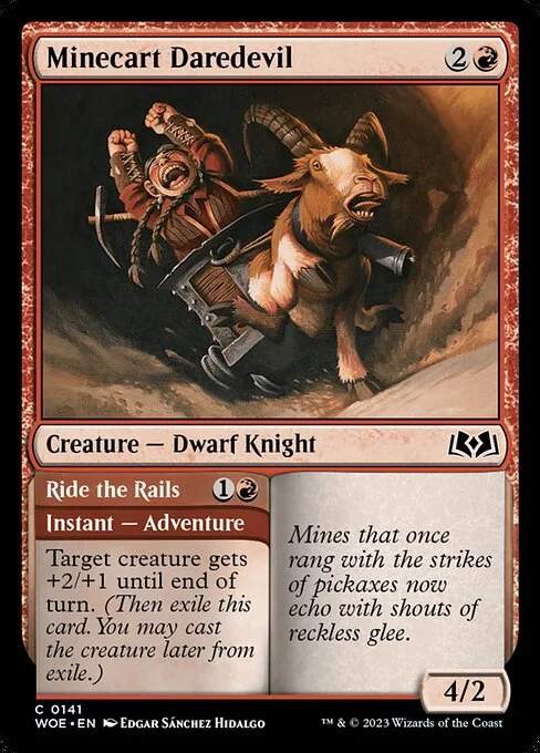 Minecart Daredevil // Ride the Rails, carta Magic di tipo Creature — Dwarf Knight // Instant — Adventure illustrata da Edgar Sánchez Hidalgo