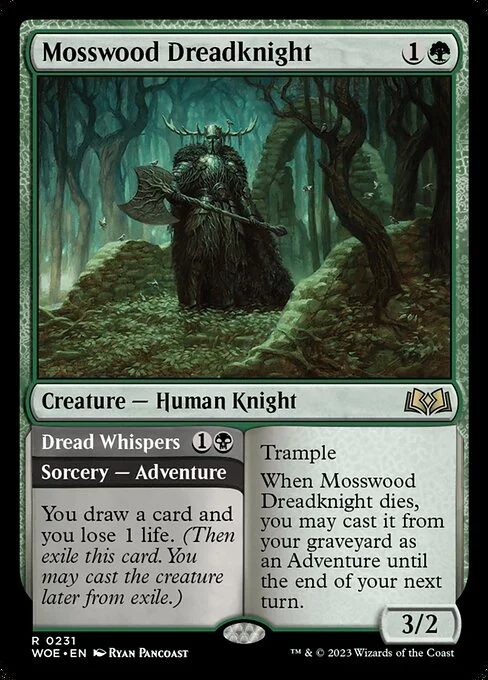 Mosswood Dreadknight // Dread Whispers, carta Magic di tipo Creature — Human Knight // Sorcery — Adventure illustrata da Ryan Pancoast