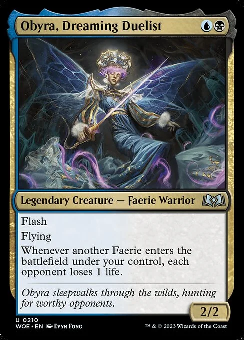 Obyra, Dreaming Duelist, carta Magic di tipo Legendary Creature — Faerie Warrior illustrata da Evyn Fong