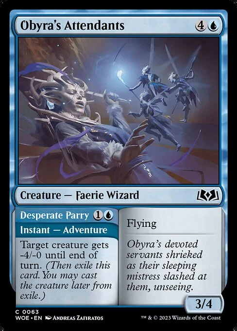 Obyra's Attendants // Desperate Parry, carta Magic di tipo Creature — Faerie Wizard // Instant — Adventure illustrata da Andreas Zafiratos