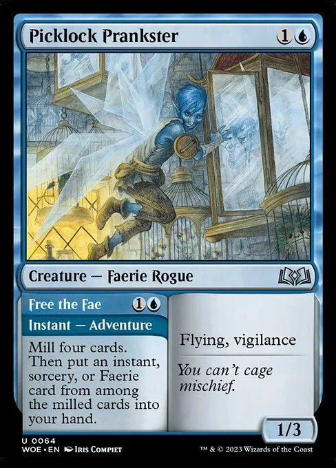 Picklock Prankster // Free the Fae, carta Magic di tipo Creature — Faerie Rogue // Instant — Adventure illustrata da Iris Compiet