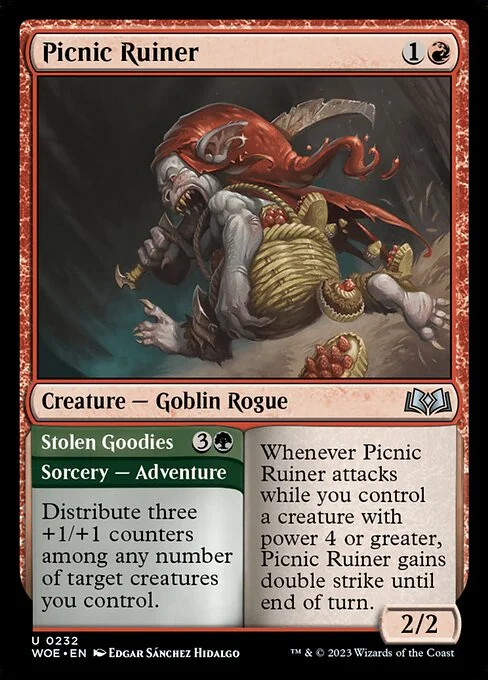Picnic Ruiner // Stolen Goodies, carta Magic di tipo Creature — Goblin Rogue // Sorcery — Adventure illustrata da Edgar Sánchez Hidalgo