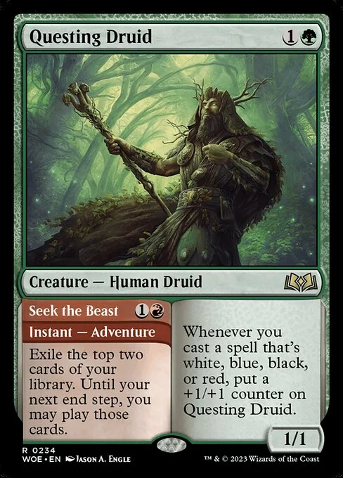 Questing Druid // Seek the Beast, carta Magic di tipo Creature — Human Druid // Instant — Adventure illustrata da Jason A. Engle