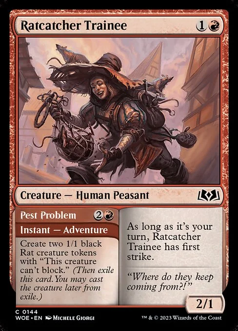 Ratcatcher Trainee // Pest Problem, carta Magic di tipo Creature — Human Peasant // Instant — Adventure illustrata da Michele Giorgi