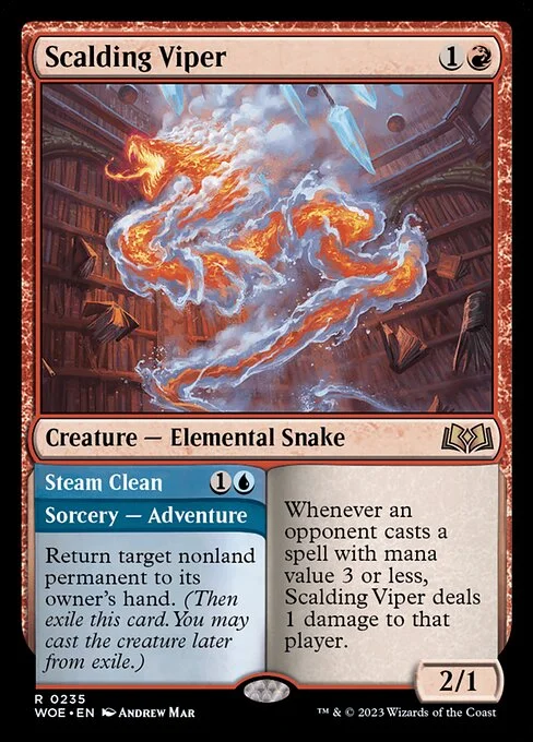 Scalding Viper // Steam Clean, carta Magic di tipo Creature — Elemental Snake // Sorcery — Adventure illustrata da Andrew Mar