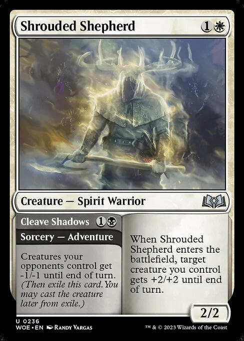 Shrouded Shepherd // Cleave Shadows, carta Magic di tipo Creature — Spirit Warrior // Sorcery — Adventure illustrata da Randy Vargas