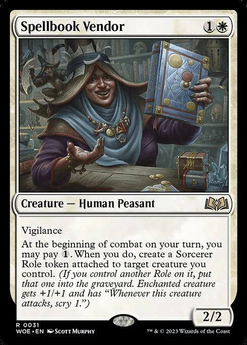 Spellbook Vendor, carta Magic di tipo Creature — Human Peasant illustrata da Scott Murphy