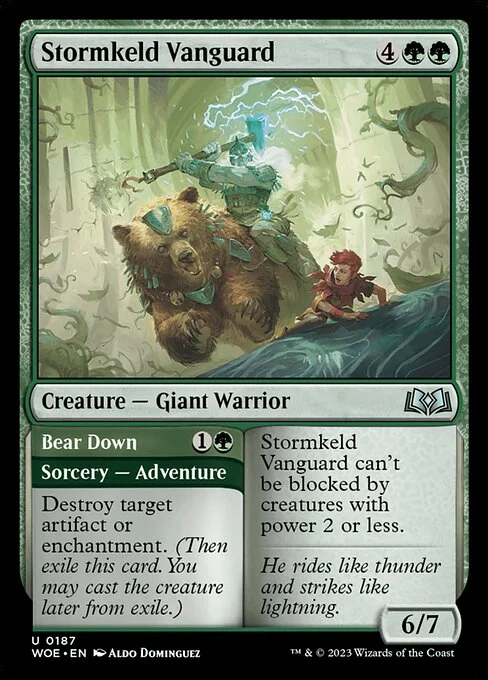 Stormkeld Vanguard // Bear Down, carta Magic di tipo Creature — Giant Warrior // Sorcery — Adventure illustrata da Aldo Domínguez