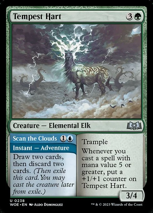 Tempest Hart // Scan the Clouds, carta Magic di tipo Creature — Elemental Elk // Instant — Adventure illustrata da Aldo Domínguez