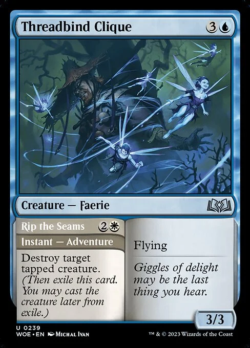 Threadbind Clique // Rip the Seams, carta Magic di tipo Creature — Faerie // Instant — Adventure illustrata da Michal Ivan