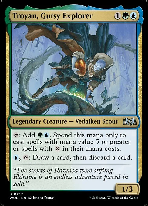 Troyan, Gutsy Explorer, carta Magic di tipo Legendary Creature — Vedalken Scout illustrata da Jesper Ejsing