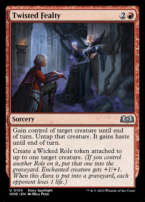 Twisted Fealty, carta Magic di tipo Sorcery illustrata da Mila Pesic
