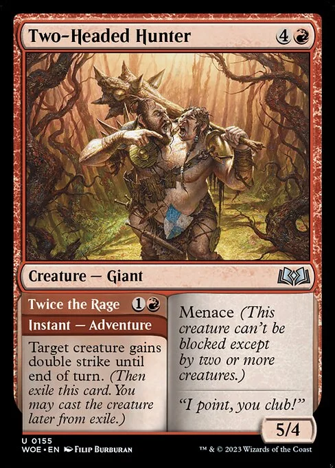 Two-Headed Hunter // Twice the Rage, carta Magic di tipo Creature — Giant // Instant — Adventure illustrata da Filip Burburan