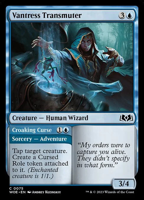 Vantress Transmuter // Croaking Curse, carta Magic di tipo Creature — Human Wizard // Sorcery — Adventure illustrata da Andrey Kuzinskiy