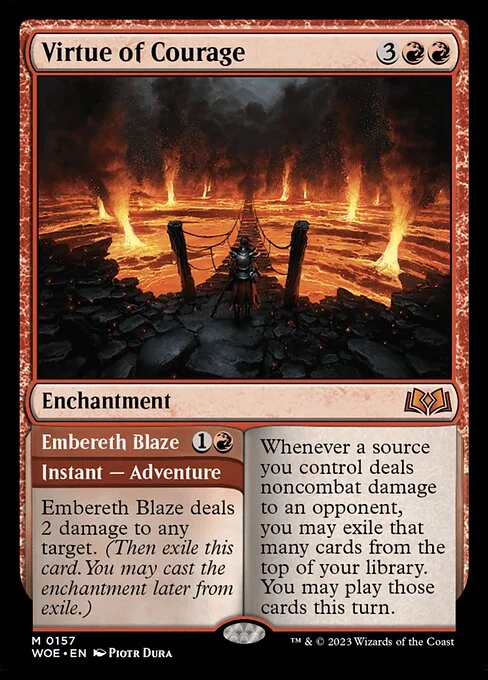 Virtue of Courage // Embereth Blaze, carta Magic di tipo Enchantment // Instant — Adventure illustrata da Piotr Dura